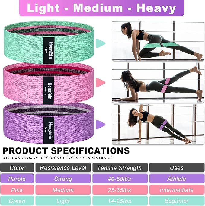 Honmein Resistance Bands for Working Out, 3 Levels Exercise Bands Workout Bands Set for Women Men, Hip Legs Booty Bands for Home Fitness, Gym, Yoga, Pilates
