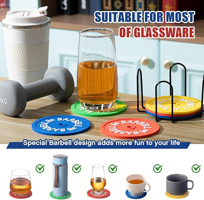 Blushtier 8 Pcs Barbell Bumper Plate Cool Coasters Round Silicone Coasters Weight Plate Coaster with Rack Holder for Gym Lovers Gym Accessories(Colorful)