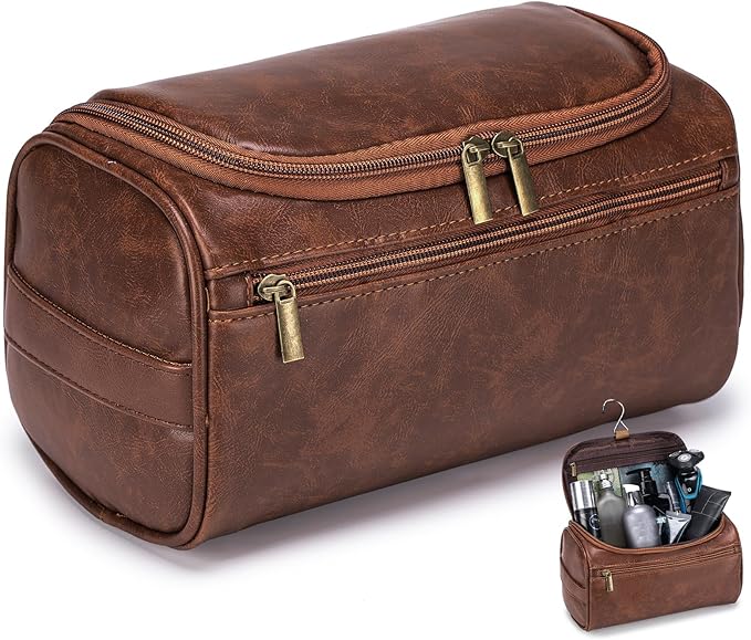 Travel Toiletry Bag for Men, Hanging Hygiene Bag EDC Pouches Small Dopp Kit Water-resistant Mens Shaving Kit Bags PU Leather Toiletry Organizer for Travel Weekend Fitness Hospital Brown
