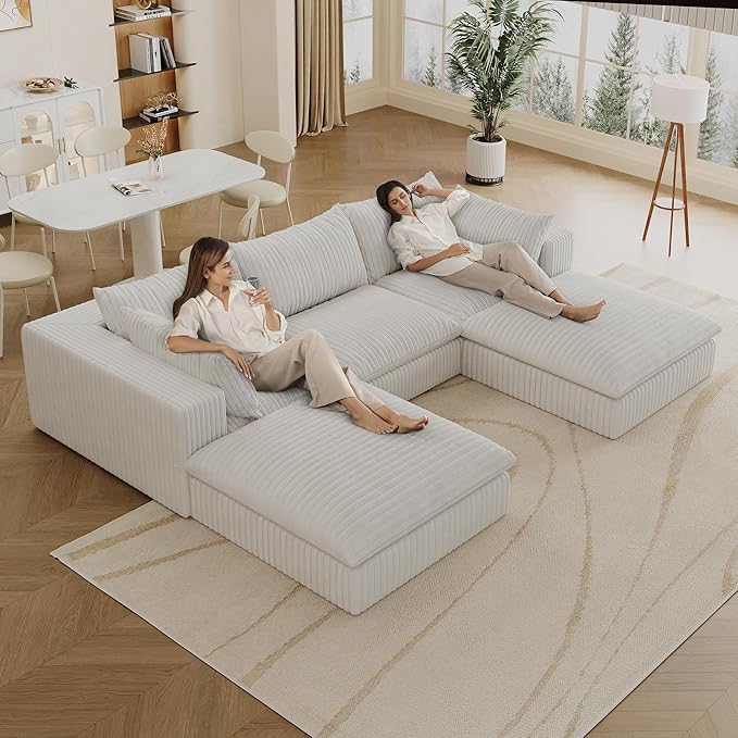 Down Filled Boneless Sectional Sofa Cloud Couch with Movable Ottomans, 118 inch Convertible U Shaped Lounge Couch w/Deep Seat, Fluffy Corduroy Upholstered Compress Modular Sofa