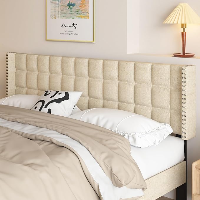 VECELO Headboard King Size, Linen Upholstered Headboards Only with Nailhead Trim Wingback, Square Stitched Design, Adjustable Height from 40" to 49.8", Oatmeal