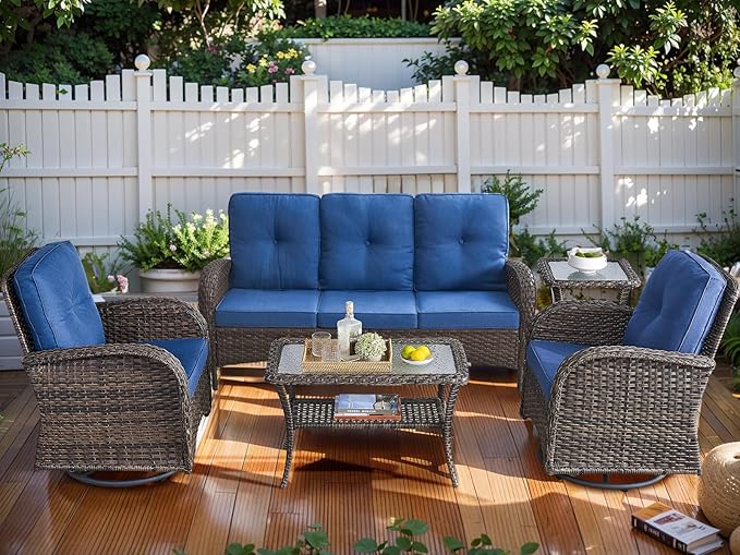 HUMMUH 5-Piece Patio Furniture PE Wicker Outdoor Conversation Set,All-Weather Rattan Swivel Rocker Chairs with Outdoor Couch Tables for Backyard,Poolside,Deck