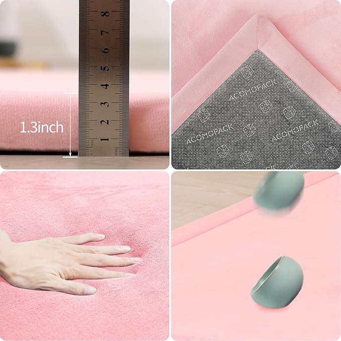 ACOMOPACK Baby Play Mat for Floor 1.3" Thick Memory Foam Play Mat 79"×157" Tummy Time Crawling with Non-Slip Bottom for Living Room,Nursery,Soft Velvet Playpen Mats for Kids,Infants（Pink）