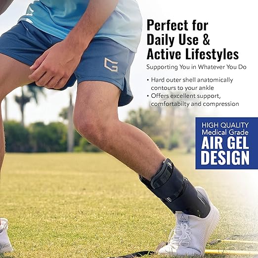 AnklePro Air Cushion Stirrup Ankle Stabilizer Brace - Removable Cold Therapy 3-Strap Rigid Stirrup Ankle Splint w/Gel Pad for Women & Men - Lateral Support for Stability, Black, Regular