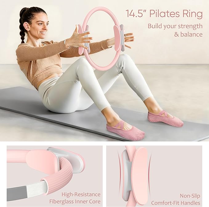 NANATI Pilates Kit, Pilates Essentials Kit for Women Home Workouts, Pilates Equipment with 14.5" Pilates Ring and Ball,7 Resistance Bands,Ankle Weights,Sliders & Grip Socks for Beginners