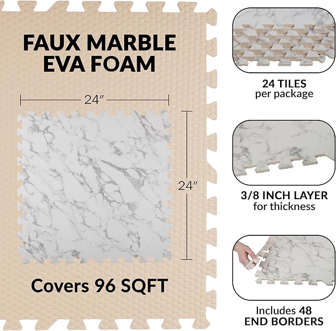 EVA Foam Floor Tiles 24-Pack - 96SQFT Puzzle Mat - Interlocking Foam Tiles for Baby Play Mat or Gym Flooring for Exercise by Stalwart (Faux Marble)
