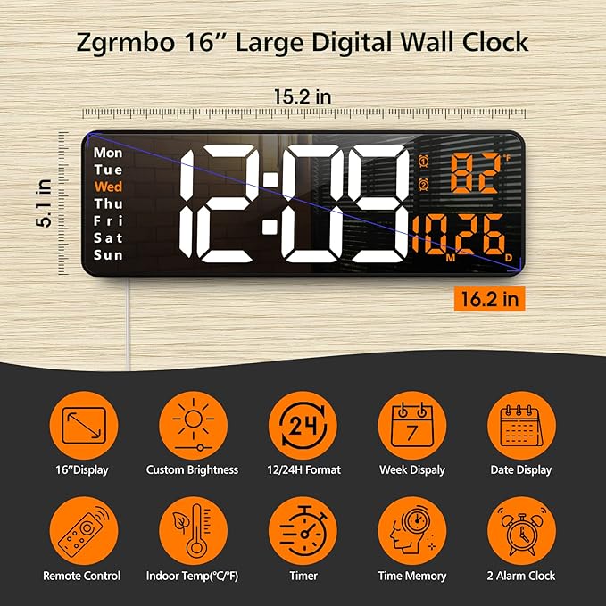 Zgrmbo 16" Large Digital Wall Clock with Remote, Large Display LED Wall Clock for Living Room/Gym/Shop/Warehouse/Office Decor, 12/24H, Auto Dimming, Timer