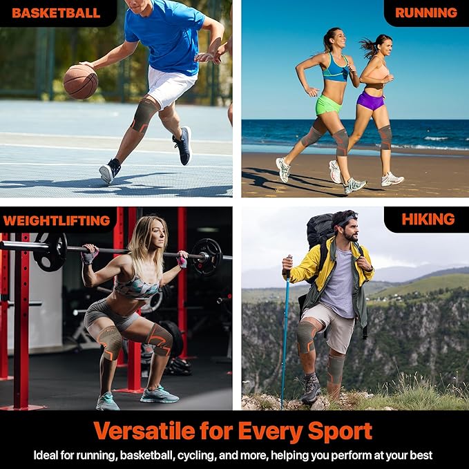 JWW Knee Compression Sleeve 2 Pack for Men and Women, Knee Brace for Knee Pain Relief, Comfortable Support for Running, Workout Sports and Daily Wear, Meniscus, ACL and Arthritis Recovery (Orange, L)