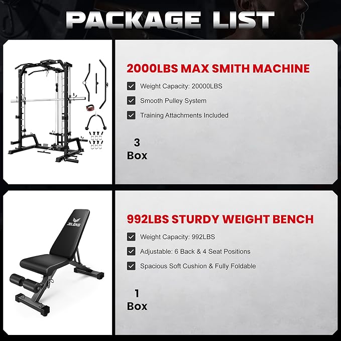 JELENS SR01 Smith Machine, 2000LBS Multi-Function Power Cage with LAT Pulldown System, All-in-One Home Gym Squat Rack with Smith Bar and Training Attachments for Full Body Workouts