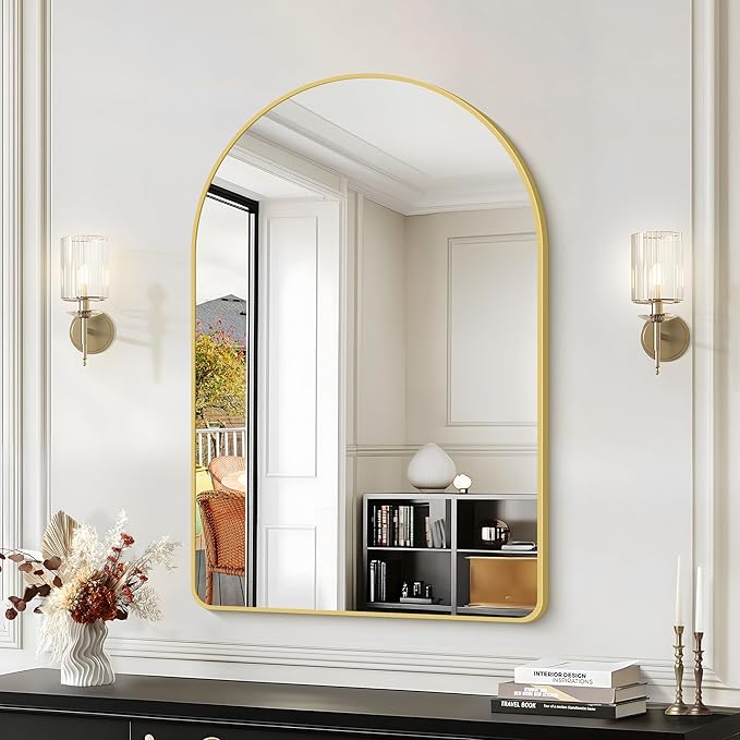 Arched Bathroom Mirror, 24"x36" Gold Arched Mirror for Bathroom, Wall Mounted Mirror, Gold Vanity Wall Mirror w/Metal Frame for Bedroom, Entryway, Living Room, Vertically Hanging