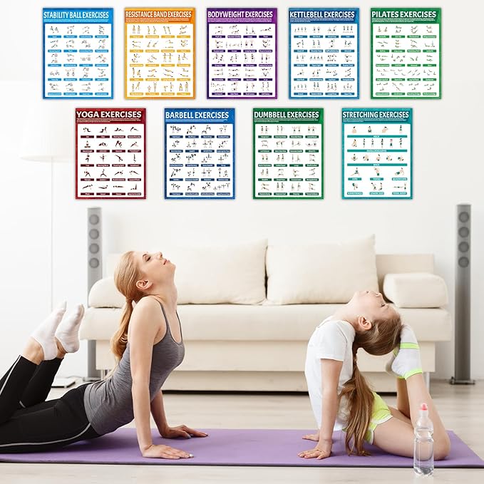 9Pcs Exercise Poster Set Workout Chart Posters Dumbbell Kettlebell Yoga Stretching Pilates Resistance Bands Stability Ball Body Weight Dumbbell Physical Educational Fitness Decoration for Home Gym