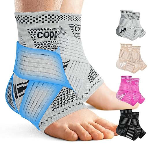 DRNAIETY Copper Ankle Brace for Men & Women - 1 Pair Adjustable Ankle Support Compression Sleeve for Plantar Fasciitis, Achilles Tendonitis, Foot Pain, Swelling, Sprains - Everyday Use (Grey, Medium)