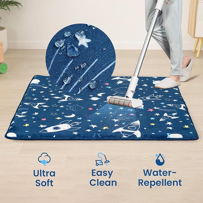 Baby Play Mat for Floor,1.3" Thick Cushioned Playpen Mat 50"x50",Extra Soft Elasti-Foam,Water Repellent Coral Velvet,Non-Slip for Crawling&Tummy Time,Infant Toddler Kids Nursery Rug(Space)