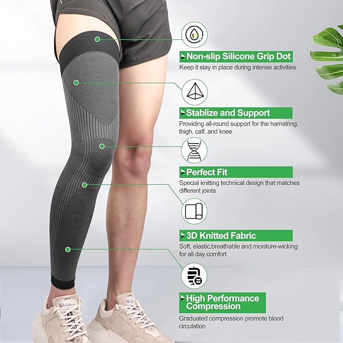 KEKING® Full Leg Compression Sleeves, Unisex, Thigh High Compression Stocking 20-30mmHg Graduated Support for Thigh Calf Knee, Running, Basketball, Reduce Varicose Veins and Swelling, Pair, Black XXL