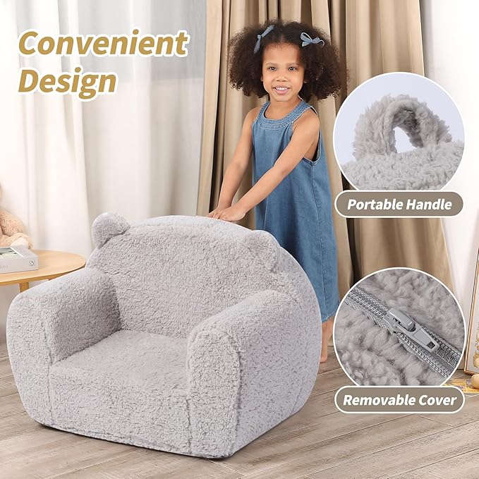 Kids Snuggly-Soft Sherpa Chair, Teddy Bear Cuddly Toddler Foam Chair for Boys and Girls, Grey