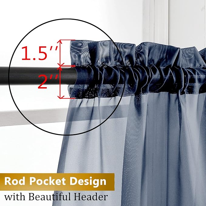 Aiyufeng 2 Panels Navy Blue Sheer Valance 14 Inches Long, Short Sheer Curtain Valances for Small Windows Semi Sheer Navy Valances for Kitchen Window, Dual Rod Pocket (Navy Blue, 40 by 14 Inches Long)