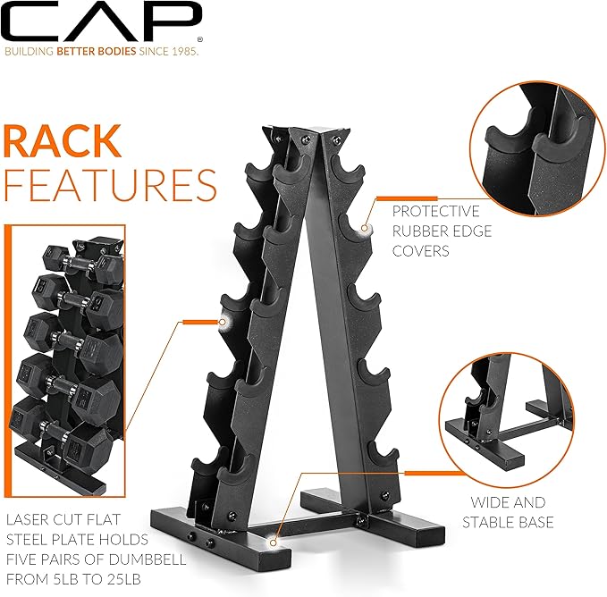 CAP Barbell 150 LB Coated Hex Dumbbell Weight Set with Vertical Rack | Multiple Options