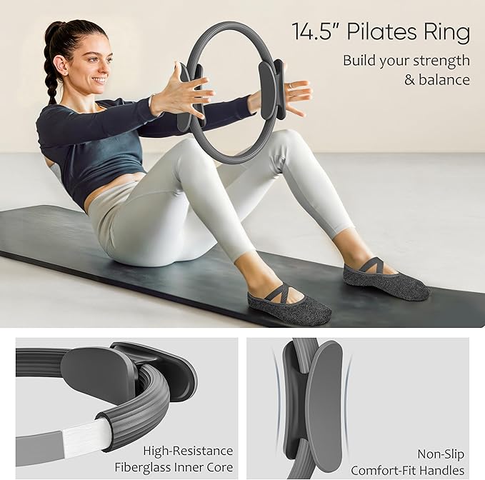 NANATI Pilates Kit, Pilates Essentials Kit for Women Home Workouts, Pilates Equipment with 14.5" Pilates Ring and Ball,7 Resistance Bands,Ankle Weights,Sliders & Grip Socks for Beginners