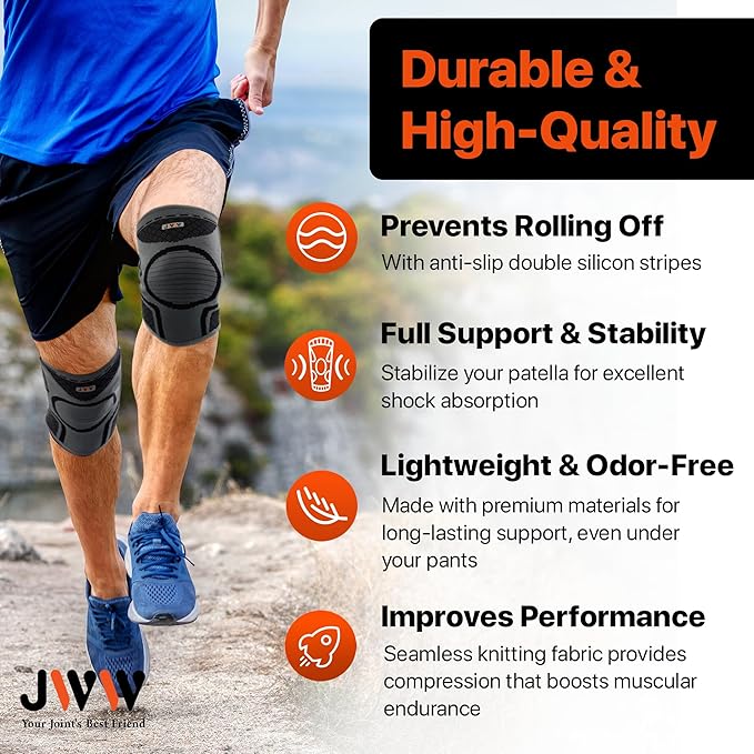 JWW Knee Compression Sleeve 2 Pack for Men and Women, Knee Brace for Knee Pain Relief, Comfortable Support for Running, Workout Sports and Daily Wear, Meniscus, ACL and Arthritis Recovery (Black, L)
