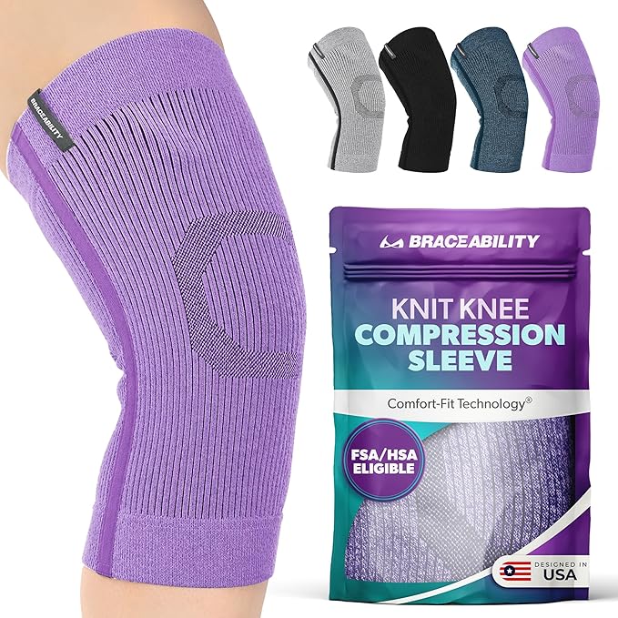 BraceAbility Knee Compression Sleeve - Knit Knee Pain Brace for Men or Women, Arthritis Relief, Meniscus Tear, Running, Workout, Sports, Swelling, Athletic Support for Joint Stability (Lilac, XL/2XL)
