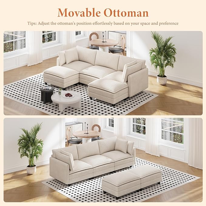 Vesgantti 109" U Shaped Cloud Sectional Sofa, Comfy Corduroy Upholstered Sectional Modular Sofas for Living Room, Modern Modular Couch with 2 Ottoman Deep Seat, Beige