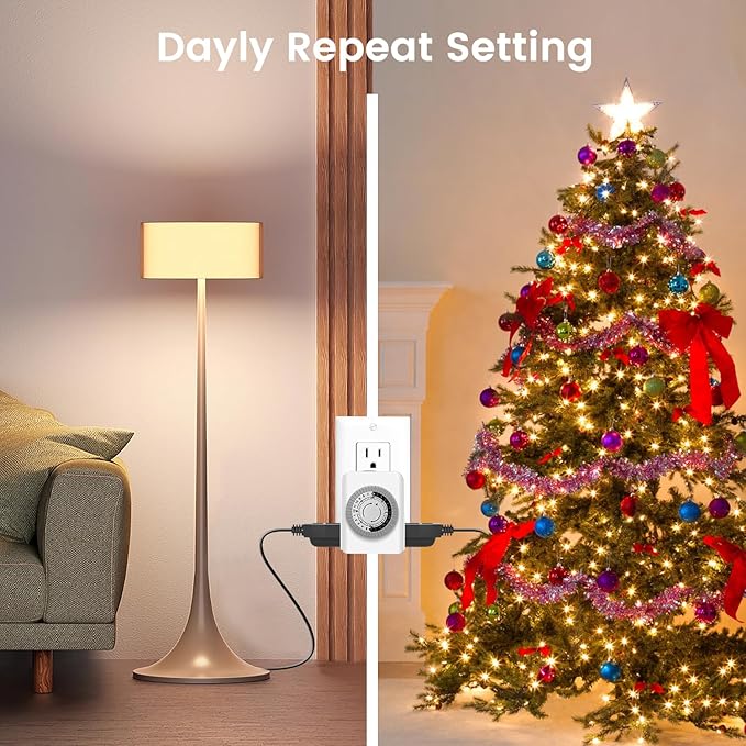 Outlet Timer,Timers for Electrical Outlets Indoor with 3-Prong Dual Outlet,24-Hour 30 Minute Daily On/Off Cycle, Plug-in Mechanical Timers for Christmas Lights, Lamps, Grow Light (4-Pack)