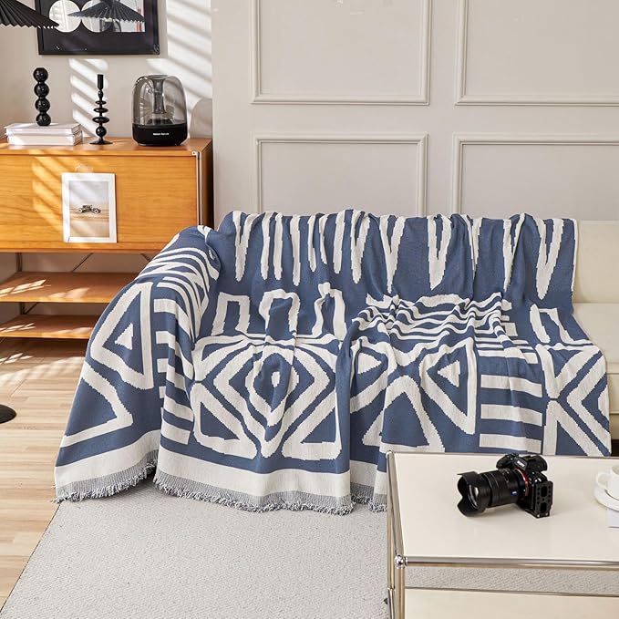 STACYPIK Reversible Boho Blue Beige Couch Cover for 2 Cushion Couch Sofa Cover for Dogs Anti-Scratch Furniture Protector Cover with Tassels for Pet Cat Non-Slip Loveseat Cover for Sectional-71X90IN
