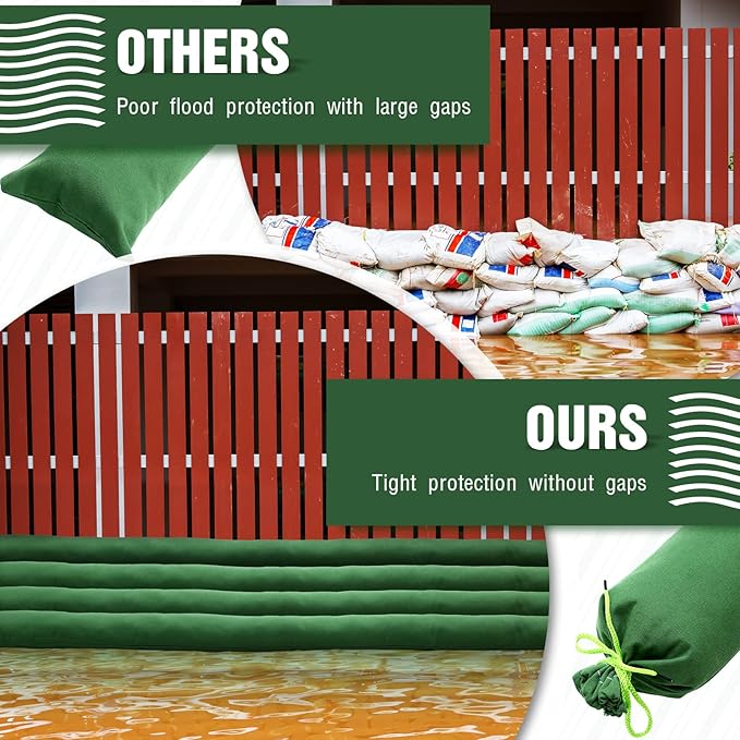 Threan 4 Pcs Long Canvas Sandbags for Flooding Sand Tube Bags Flood Protection Thickened Reusable Rain Wind Flood Barrier with Elastic Band Water Barrier Tube for Door Rain Control, Green (5 ft)