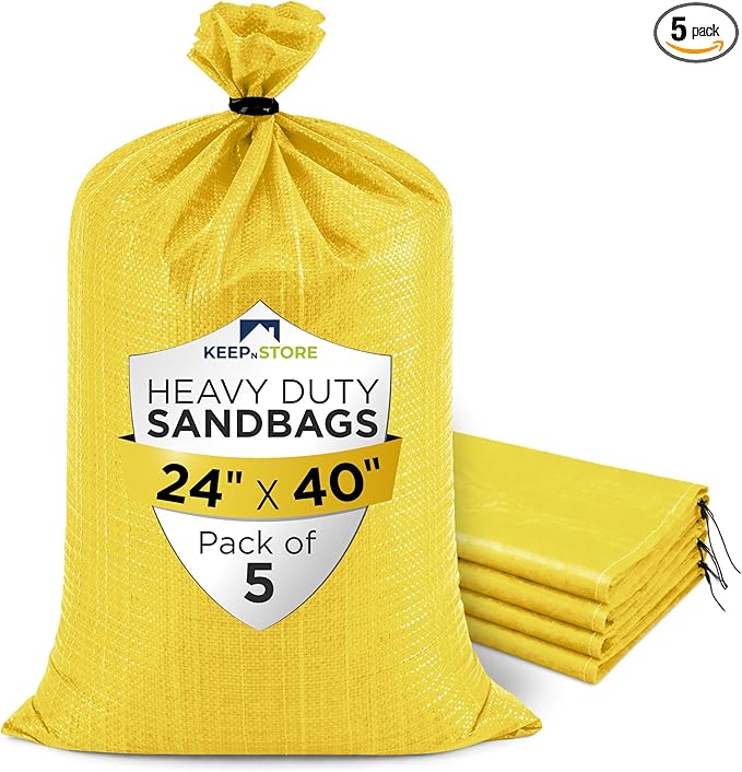 Heavy Duty Sand Bags Pack of 5, Bright Yellow Empty Sandbags with Built-In Ties, Woven Polypropylene UV Protection 1600 Hours, Fillable Bags for Flood Control, Weight, 24x40 inches, 125 Pounds Volume