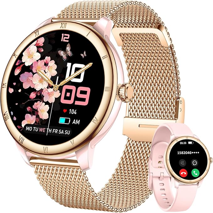 Smart Watches for Women, HD Screen Fitness Tracker 5ATM Waterproof with Bluetooth Make/Answer Calls, Activity Trackers with Heart Rate/Sleep/Female/SpO2 Monitor, Smartwatch for iPhone/Android(2 bands)