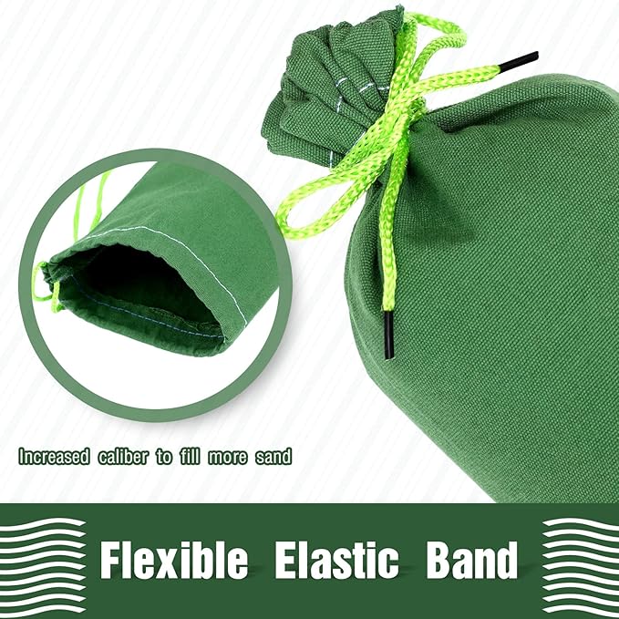 Threan 4 Pcs Long Canvas Sandbags for Flooding Sand Tube Bags Flood Protection Thickened Reusable Rain Wind Flood Barrier with Elastic Band Water Barrier Tube for Door Rain Control, Green (11 ft)