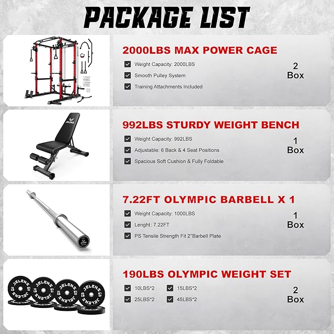 JELENS C12 Squat Rack for Home Gym, 2000LBS Power Rack with Adjustable Pulley System, Power Cage Workout Equipment with LAT Pulldown and Training Attachment