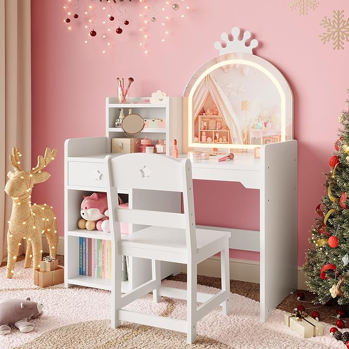 IDEALHOUSE Kids Vanity Table and Chair Set with Mirror and Lights, White Makeup Vanity Desk with Drawer and Open Storage Shelves, Wooden Dressing Table for Little Girls Bedroom