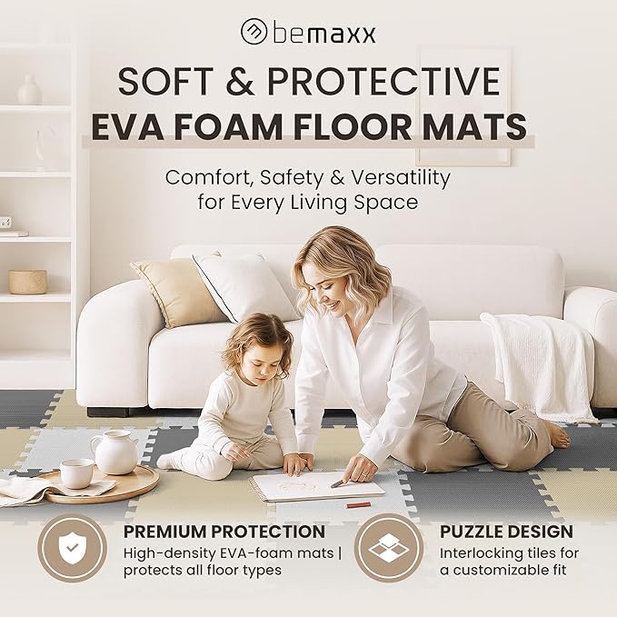 bemaxx Gym Mats Set - 18 pcs EVA Interlocking Foam Floor Tiles (12.6"x12.6"x0.4") 18sqft Protective Gym Flooring Sports Home Workout Exercise Mats Puzzle Garage Fitness Play-Room Pool Treadmill Bike