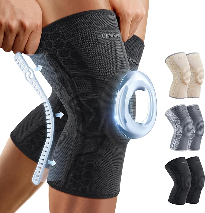CAMBIVO 2 Pack Knee Brace for Men and Women, Knee Sleeves for Men with Patella Gel Pad and Side Stabilizers, Knee Compression Sleeves for Knee Pain Relief, Running, Workout, Daily Use