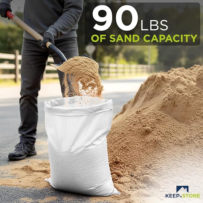 Heavy Duty Sand Bags Pack of 24, White Empty Sandbags with Built-In Ties, Woven Polypropylene UV Protection 1600 Hours, Fillable Bags for Flood Control, Weight, 38x18 inches, 90 Pounds Volume