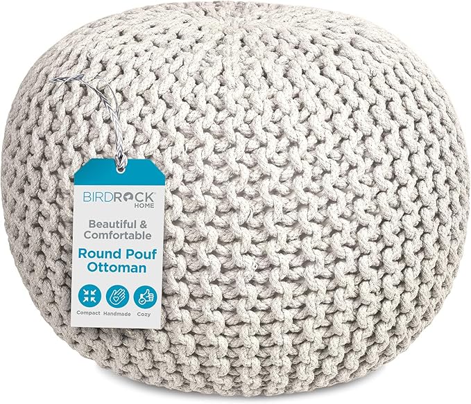 BIRDROCK HOME Round Pouf Ottoman | Cotton Braided Foot Stool with Bean Bag Filling | Boho Foot Rest for Living Room & Bedroom | Compact & Comfortable Seating, Lightweight & Soft | Natural