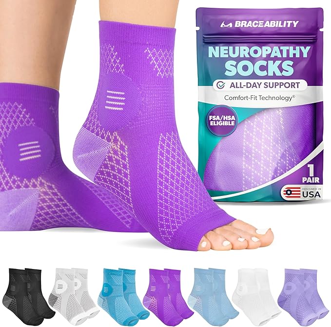 BraceAbility Neuropathy Socks (Pair) - Peripheral Neuritis Compression Diabetic Toeless Foot Sleeves for Nerve Damage Pain in Feet, Ankle Gout, Plantar Fasciitis Relief Brace for Men and Women (M - Purple)