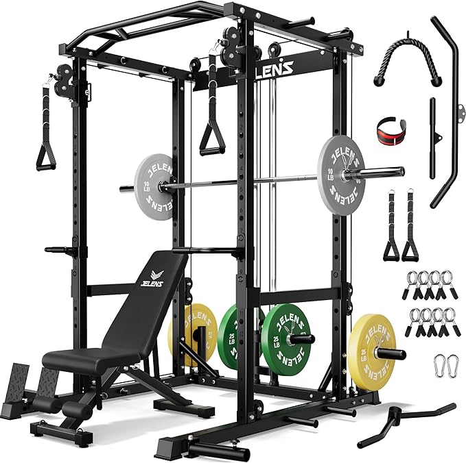 JELENS C12 Squat Rack for Home Gym, 2000LBS Power Rack with Adjustable Pulley System, Power Cage Workout Equipment with LAT Pulldown and Training Attachment