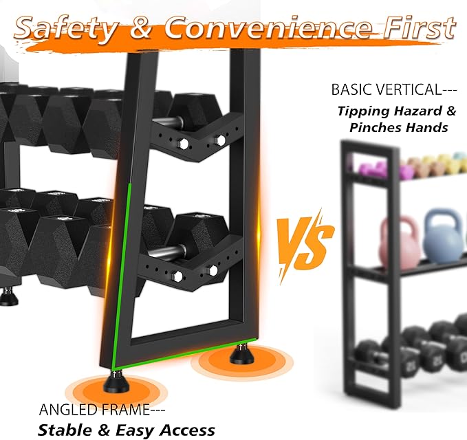 3 Tier Weight Rack for Home Gym Dumbbells, Universal Dumbbell Rack with Adjustable Width Rails, Heavy Duty Angled Storage Stand for Kettlebells & Hand Weights (Rack Only)