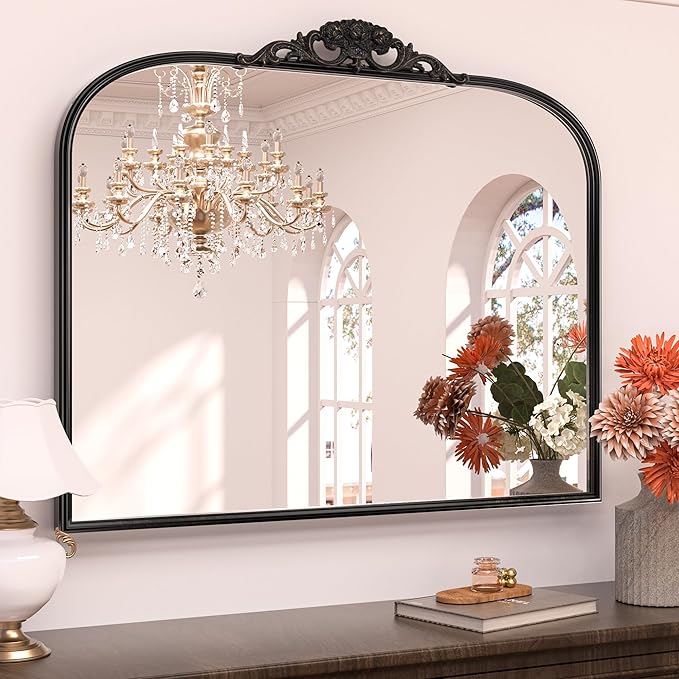Keonjinn Vintage Mirror 40" x 30", Large Black Antique Mirror with Metal Frame, Ornate Arched Mirrors for Wall, Baroque Decoration for Mantle, Bathroom, Living Room, French Cleat Mounting