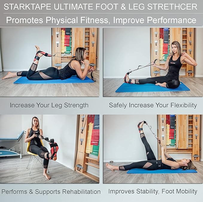 Bundle Resistance Bands Set of 5 & Foot Leg Stretcher for Physical Therapy, Professional Elastic Band. Perfect for Plantar Fasciitis Home Exercise, Workout, Strength Training, Yoga, Pilates, Rehab Leg