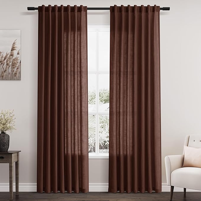 Rustic Brown Linen Curtains 84 Inch Length 2 Panels Set for Living Room Rod Pocket Back Tab Light Filtering Window Drapes for Bedroom Dining Room Protect Privacy Modern Farmhouse Decor 52x84