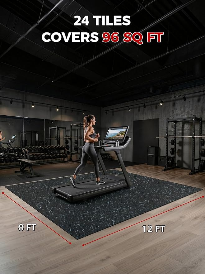 0.56in Thick 96 Sq Ft Exercise Equipment Mats, 24 Tiles Rubber Top EVA Foam Workout Mats, Interlocking Gym Flooring for Home Gym, 24 x 24in, Black & Blue