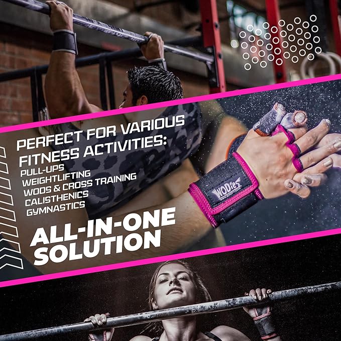 JerkFit WODies Gymnastics & Weightlifting Grips with Wrist Wraps – 3 Hole Versatile Gym Gloves for Pull Ups, Gym Training & Cross Training – Hand Grips Palm Protector for Men & Women