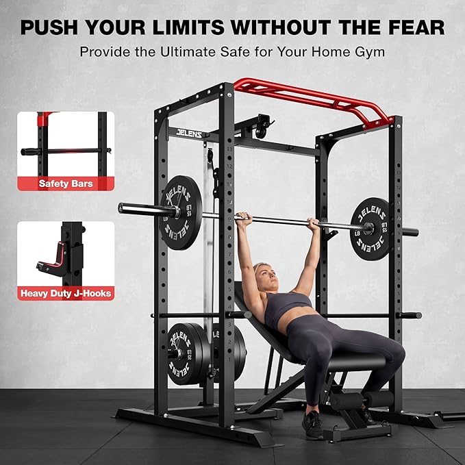 JELENS S11 Power Cage, 2000LB Multi-Function Power Rack with LAT Pulldown, Squat Rack with Adjustable Pulley System and Training Attachments, Weight Rack for Home Gym