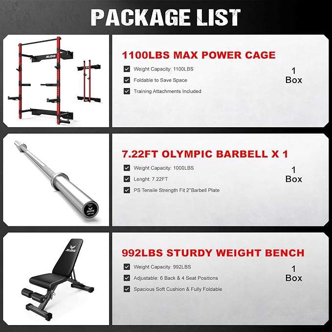 JELENS SF01 Folding Squat Rack, Wall Mounted Power Rack for Home Gym, Space Saving Multi-Functional Power Cage with More Attachments