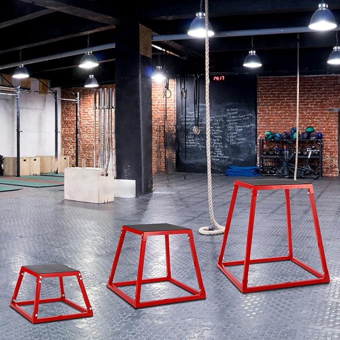 Plyometric Jump Box Set 12/18/24 Inch, Steel Jump Plyo Box with Anti-Slip Platform for Home Gym, Strength Training & Conditioning Workouts for Men and Women, Red