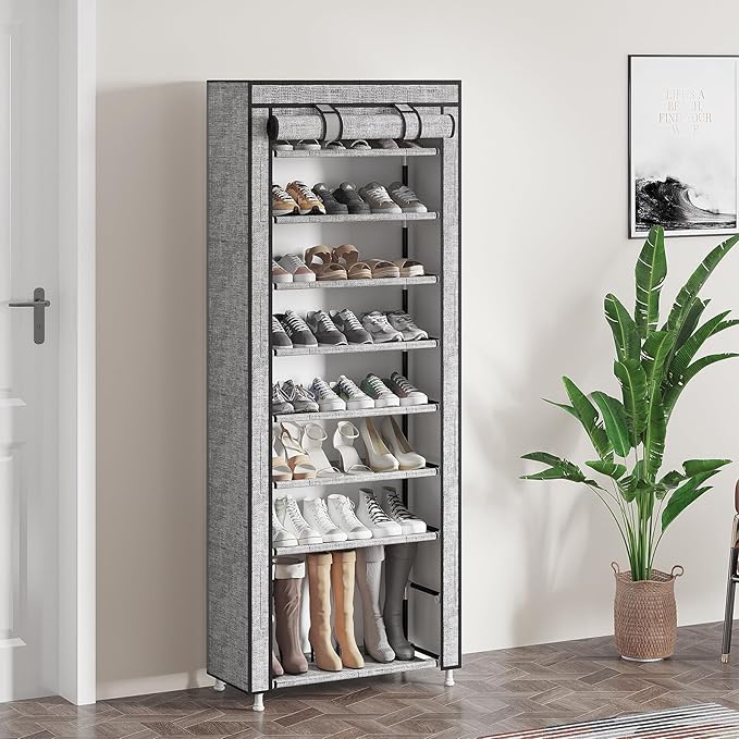Calmootey 9 Tier Shoe Rack Organizer,Portable Shoe Shelf with Nonwoven Fabric Cover for Closet Hallway,Bedroom,Entryway, Ash Grey