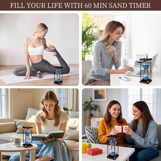 Large Sand Hourglass Timer, Vintage Wooden Sand Timer 60 Minutes, Glass Sand Clock Minutes with Wooden End Caps, Sand Timers for Games Classroom Home Office Kitchen Use (Blue Sand)